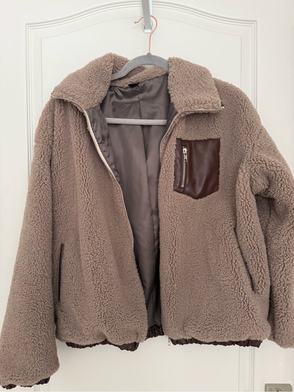 Taupe Sherpa Zip-Front Jacket with Chest Pocket